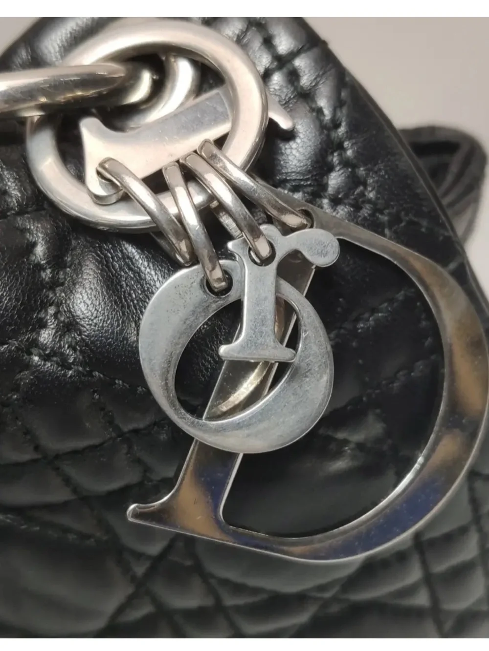 Dior Black Cannage Lambskin Shoulder Bag with Silver Logo Charms